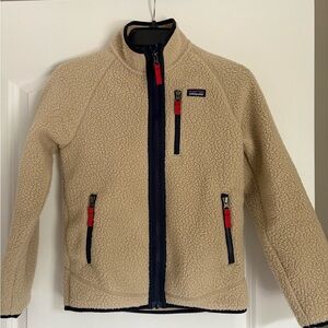 Patagonia Kids Tan Fleece Jacket with Navy Accents Large